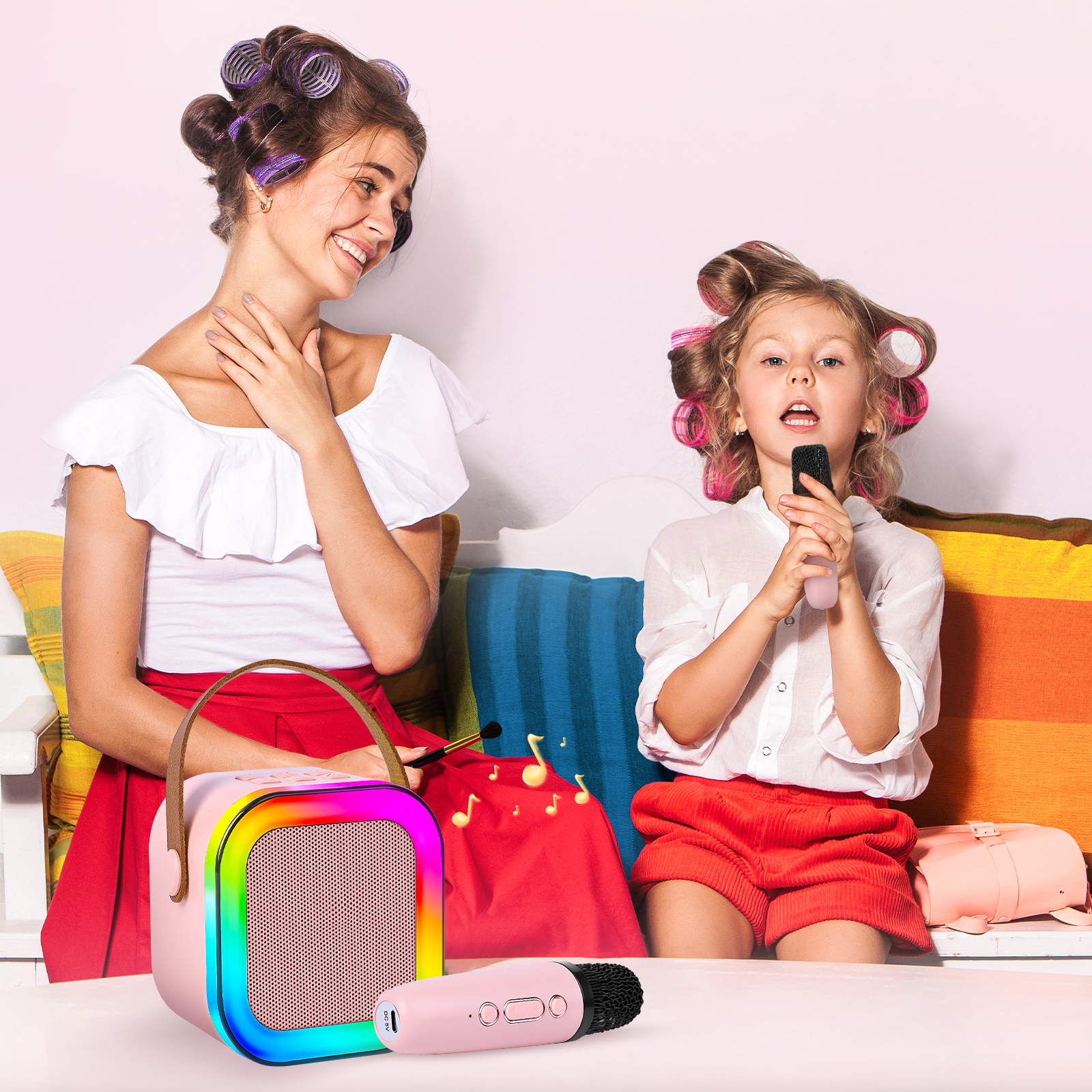 XAXRE Mini Karaoke Machine for Kids Adults, Portable Bluetooth Speaker with 2 Wireless Mic, Karaoke Machine with Voice Changing Effect Colorful Lights Birthday Gifts for Kids Ages 4 to 12+