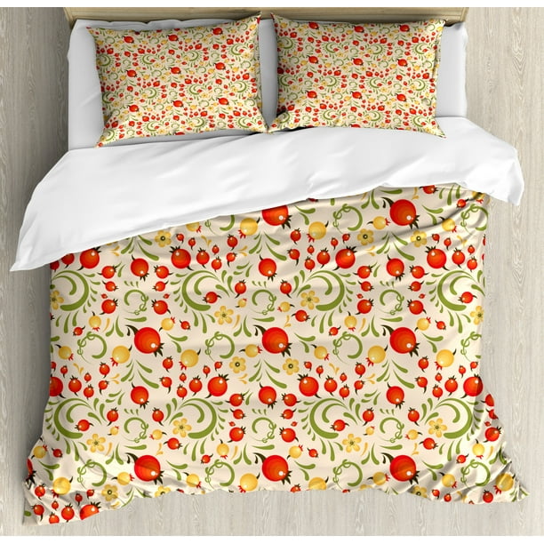 Cranberry Duvet Cover Set King Size, Nostalgic Harvest Blooms Burgeoning Flourishing Garden