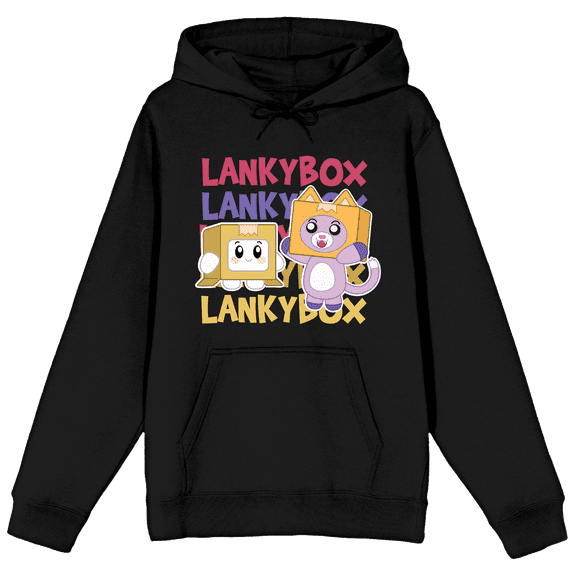 LankyBox Boxy & Foxy With Repeat Logo Long Sleeve Black Adult Hooded Sweatshirt-Medium