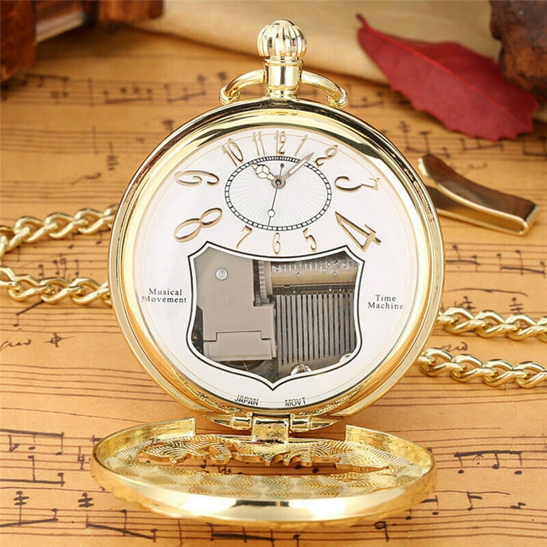 Train Steampunk Pocket Watch Quartz Musical Movement Pocket Watch Music Box Fob Watch with Chain Women s Size One size Gold