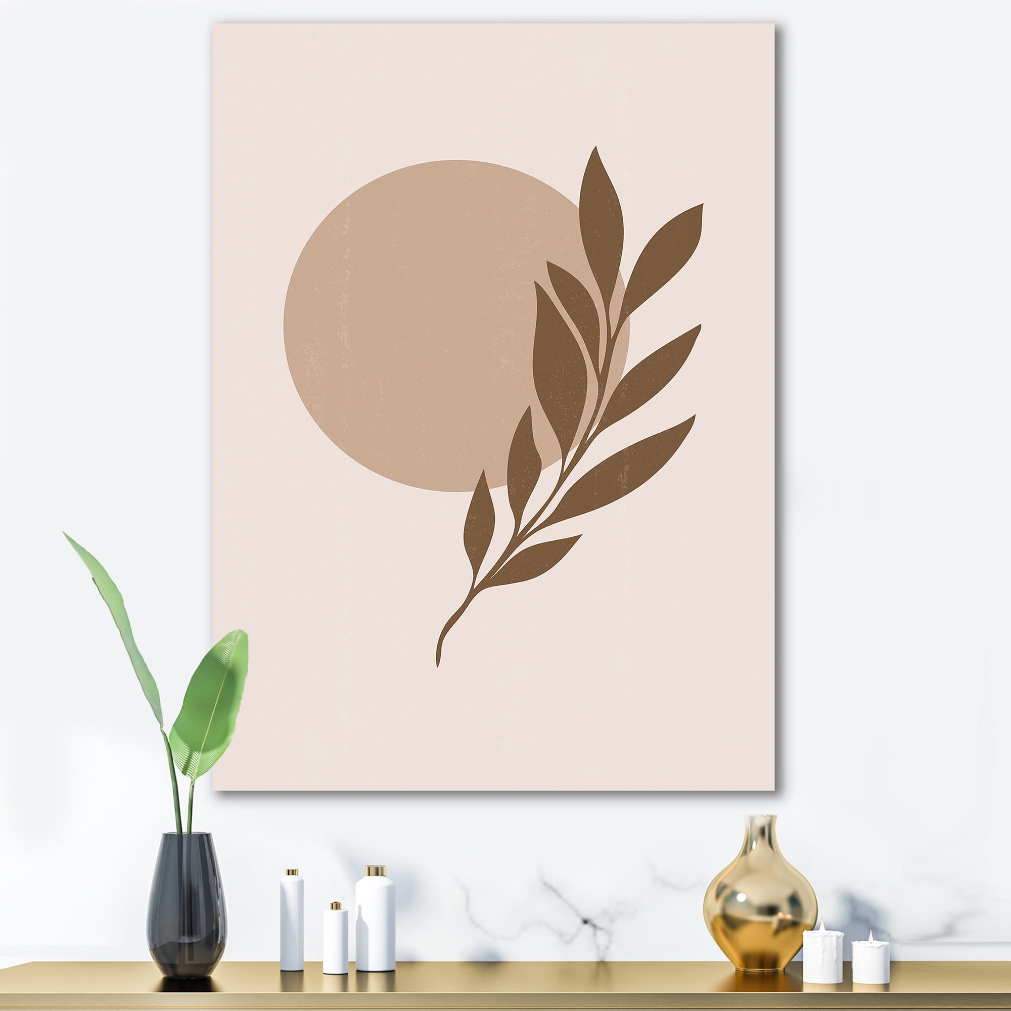 Designart ' Abstract Terracotta Moon and Sun With Tropical Leaf ' Modern Canvas Wall Art Print