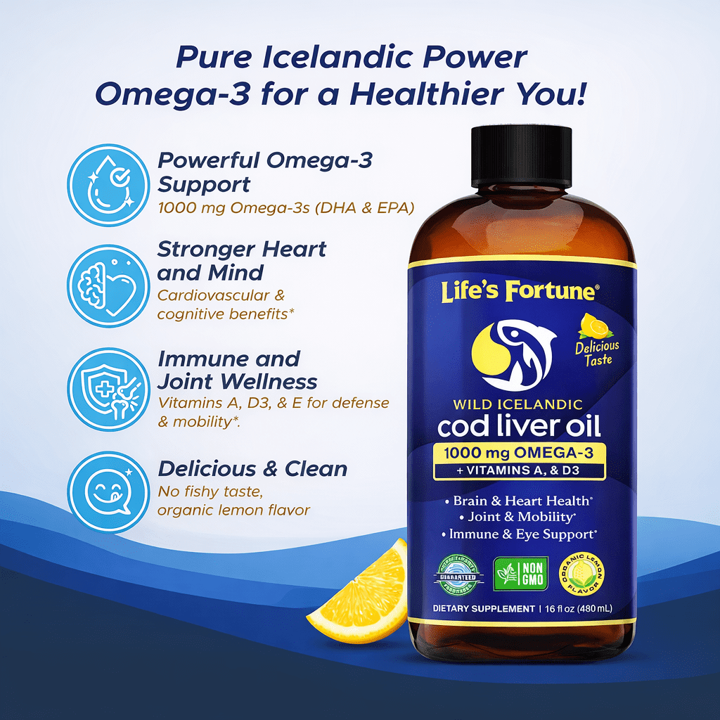 Life's Fortune Cod Liver Oil Liquid, Lemon Flavor, 16 Oz, 1000 Mg Omega 3 Supplement, Fish Oil Liquid, Wild-Caught, Non-GMO