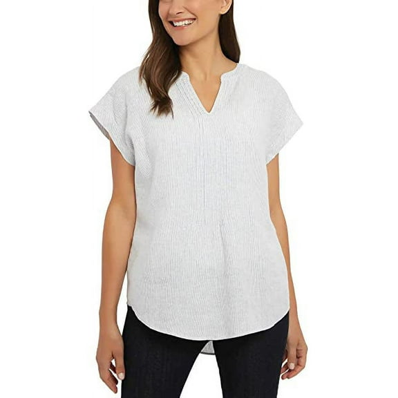 Adrienne Vittadini Ladies' Cap Sleeve High-Low Shirt Tail Hem Linen Top (XS, Mini Stripe)