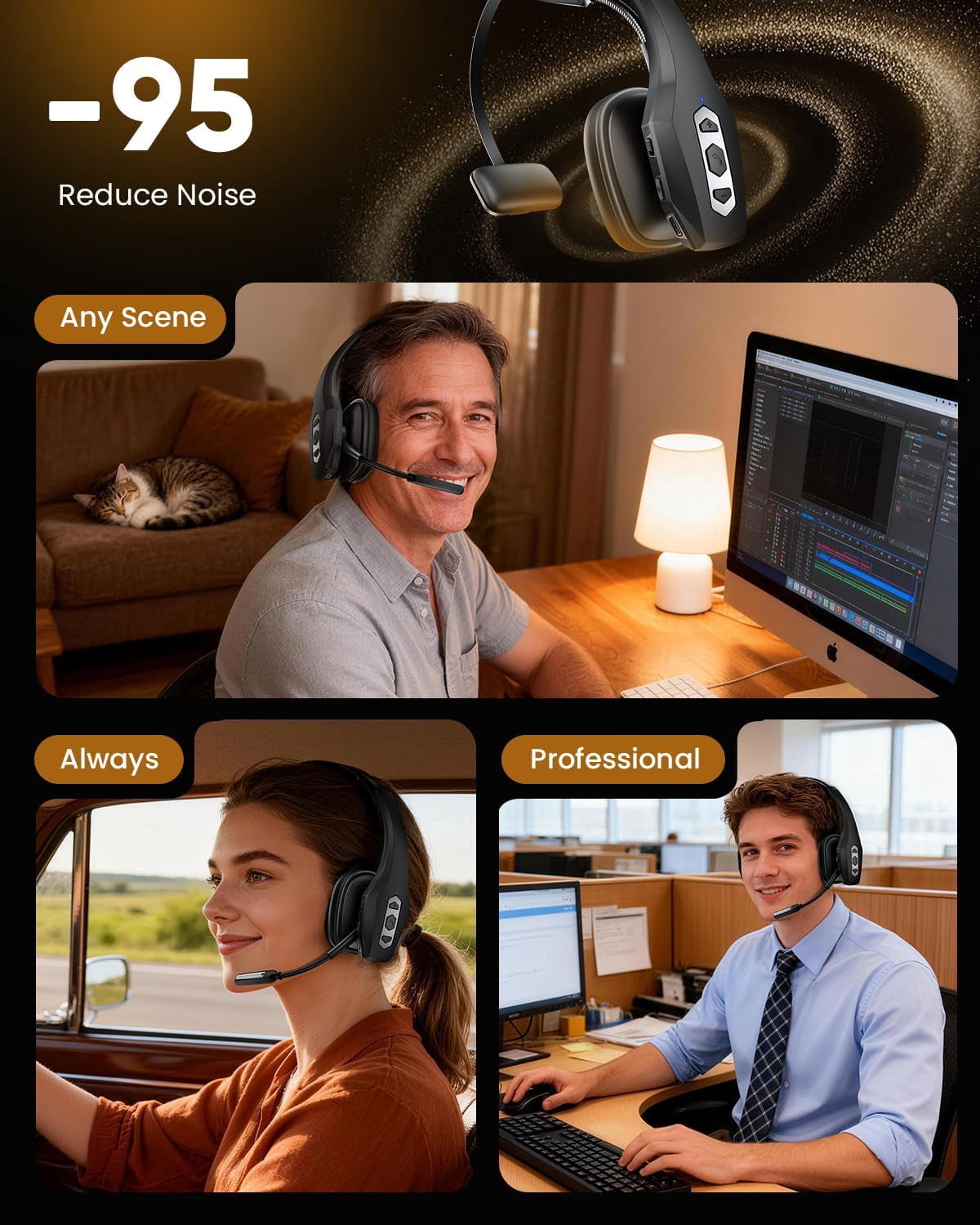Bluetooth Headset with Charging Base Wireless Hands-Free Noise Canceling Microphone Mute Button 56-Hour Battery PC Computer Mobile Device Headset