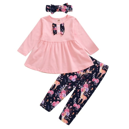 

NZRVAWS Baby Girls Winter Outfits Solid Color Tops 12 Months Baby Girls Floral Print Pants 24 Months Baby Girls Headband 3PCS Winter Clothes Set Pink