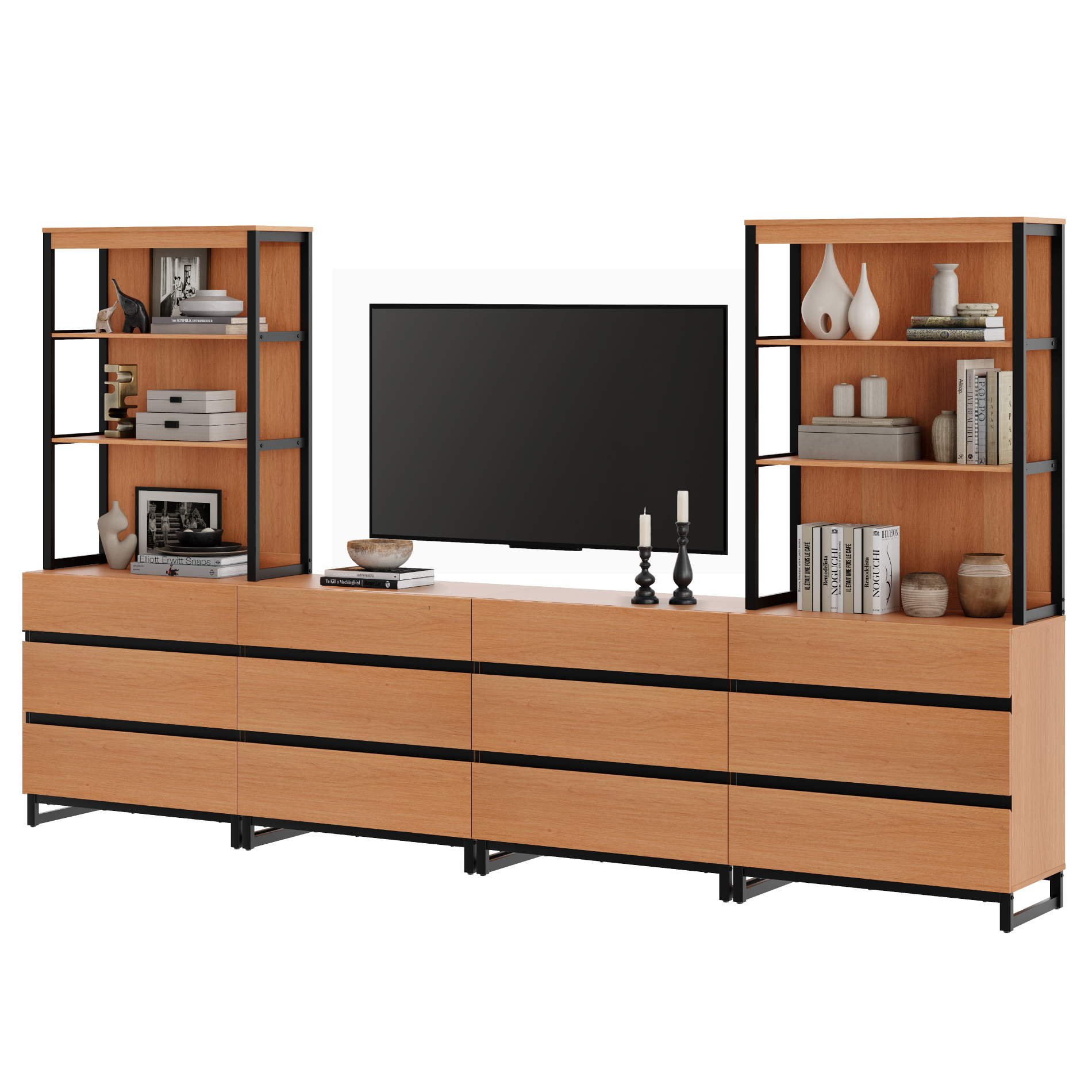WAMPAT Modern TV Stand with 3 Tiers Bookshelf, Farmhouse Entertainment Center with 12 Drawers and Adjustable Shelf, Wooden Media TV Console with Black Metal Leg for Living Room, Mocha
