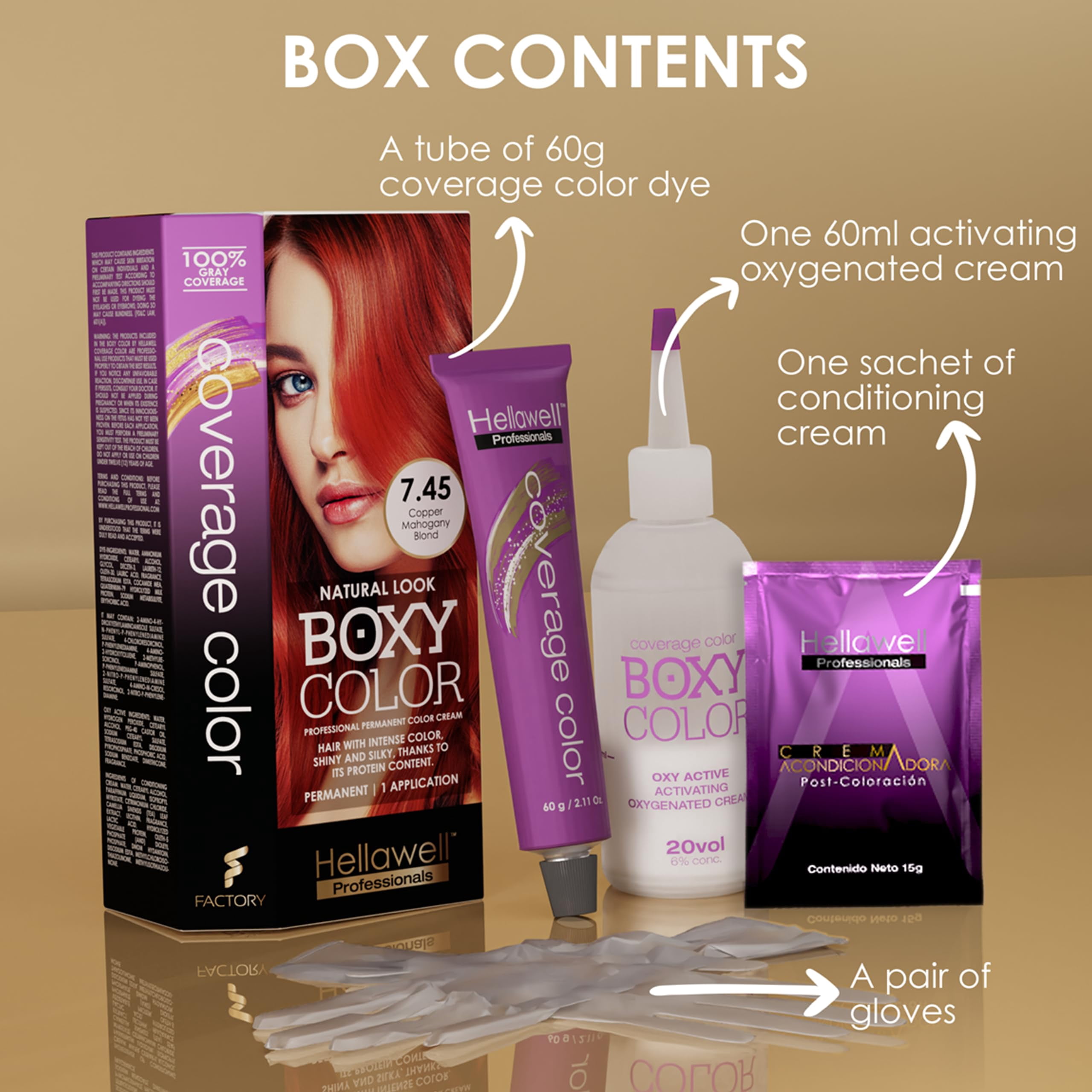 Professional Coloring kit - Permanent color cream hair dye. Gray Coverage. 7.45 Mahogany Copper Blonde + Red Color Shampoo and Conditioner Kit for Revives the Color. 8.11oz