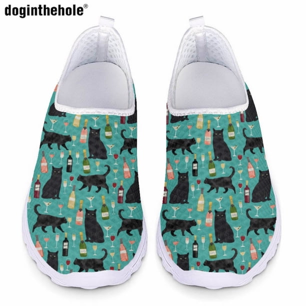 Zapatos casuales de verano para mujer con diseño de estampado de gatito de dibujos animados de Doginthehole, zapatos planos de malla transpirables cómodos, zapatos de enfermera de hospital