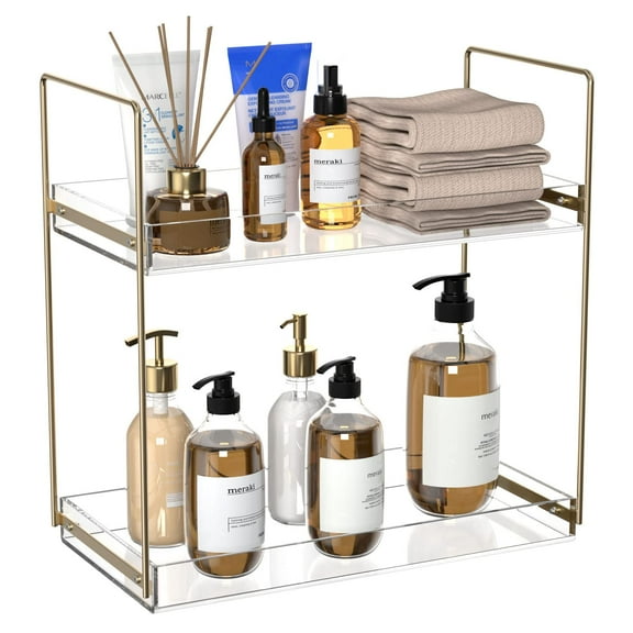 NIUBEE Bathroom Countertop Organizer, 2 Tier Acrylic Tray Vanity Counter Skincare Organizer Shelf, Kitchen Under Sink Standing Rack, Home Storage Holder for Lotion Makeup Cosmetics Perfume Spice, Gold