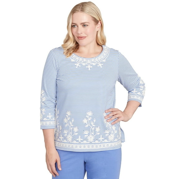 Alfred Dunner Womens Embellished Striped Crew Neck Top