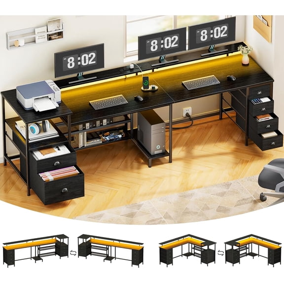 Furologee 110 Inch 2 Person Desk, Long Two Person Gaming Desk with 6 Drawers & Storage Shelves, 66 Inch L-Shaped Desk with Power Outlets, LED Lights, Corner Table for Home Office, Black