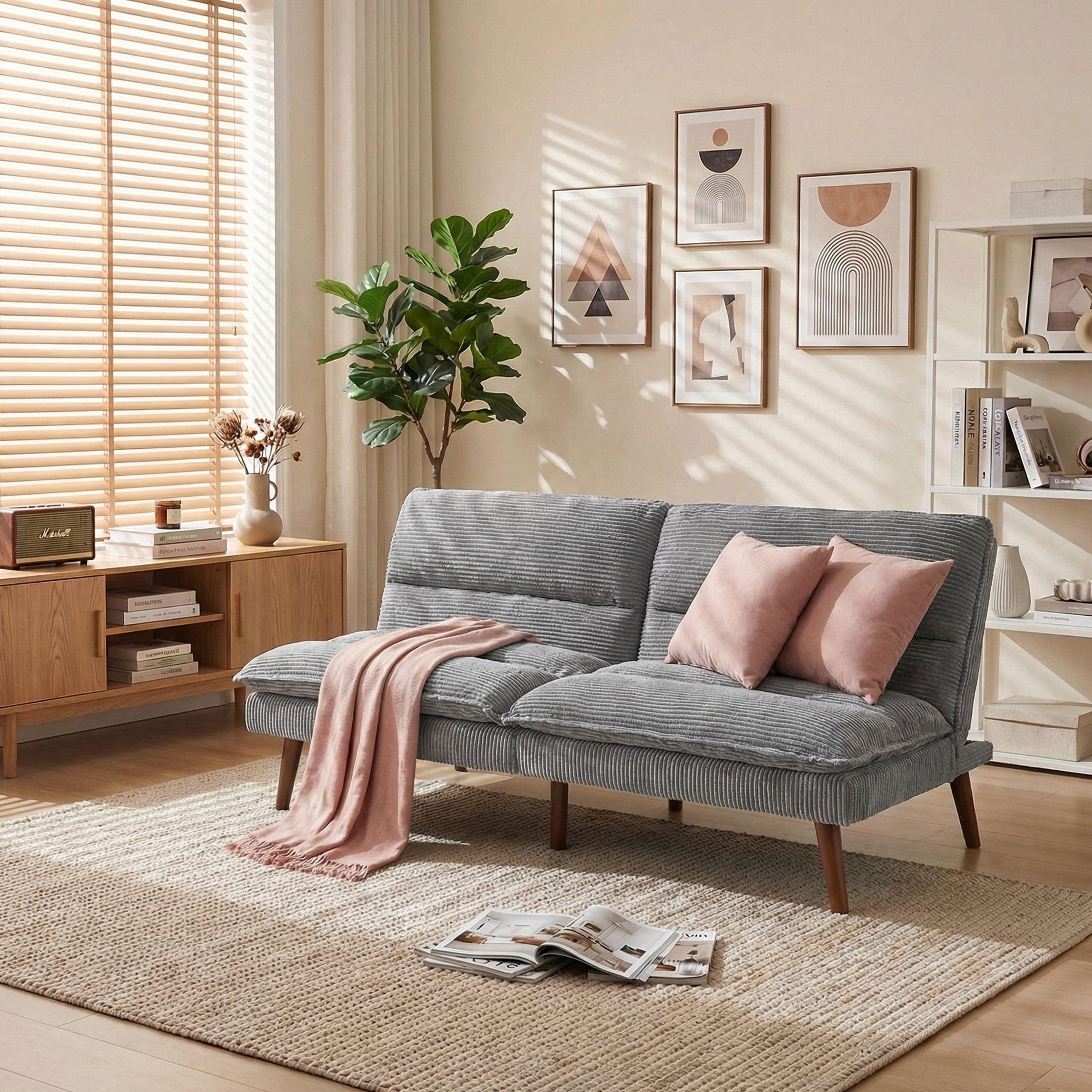 edx Stylish Futon Sofa Bed - Memory Foam Convertible Loveseat, Perfect Sleeper Convertible Futon Couch for Living Room, Corduroy Upholstery,Gray