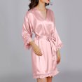 thumbnail image 5 of Women's Satin Nightgown Lace Silk Pajamas Robe with Belt Long Sleeve Sleepwear Lightweight Chemise Mini Teddy (L, Pink), 5 of 6