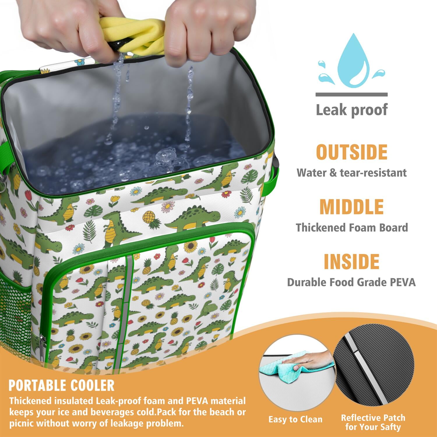 Travel Cooler Bag - White Green Dinosaurs Floral Pattern Camping Beer Cooler Backpack with Bottle Opener- Waterproof Insulated Picnic Backpacks - Cooler Bag for Beach