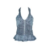 Mogul Women's Tunic Top Stonewashed Blue Embroidered Halter Neck Boho Tank Tops