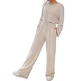 thumbnail image 3 of Women'S 2-Piece Set Cute Knitted Long-Sleeved Cropped Top T-Shirt and Wide-Leg Pants Casual Autumn Outfit Apricot S, 3 of 8