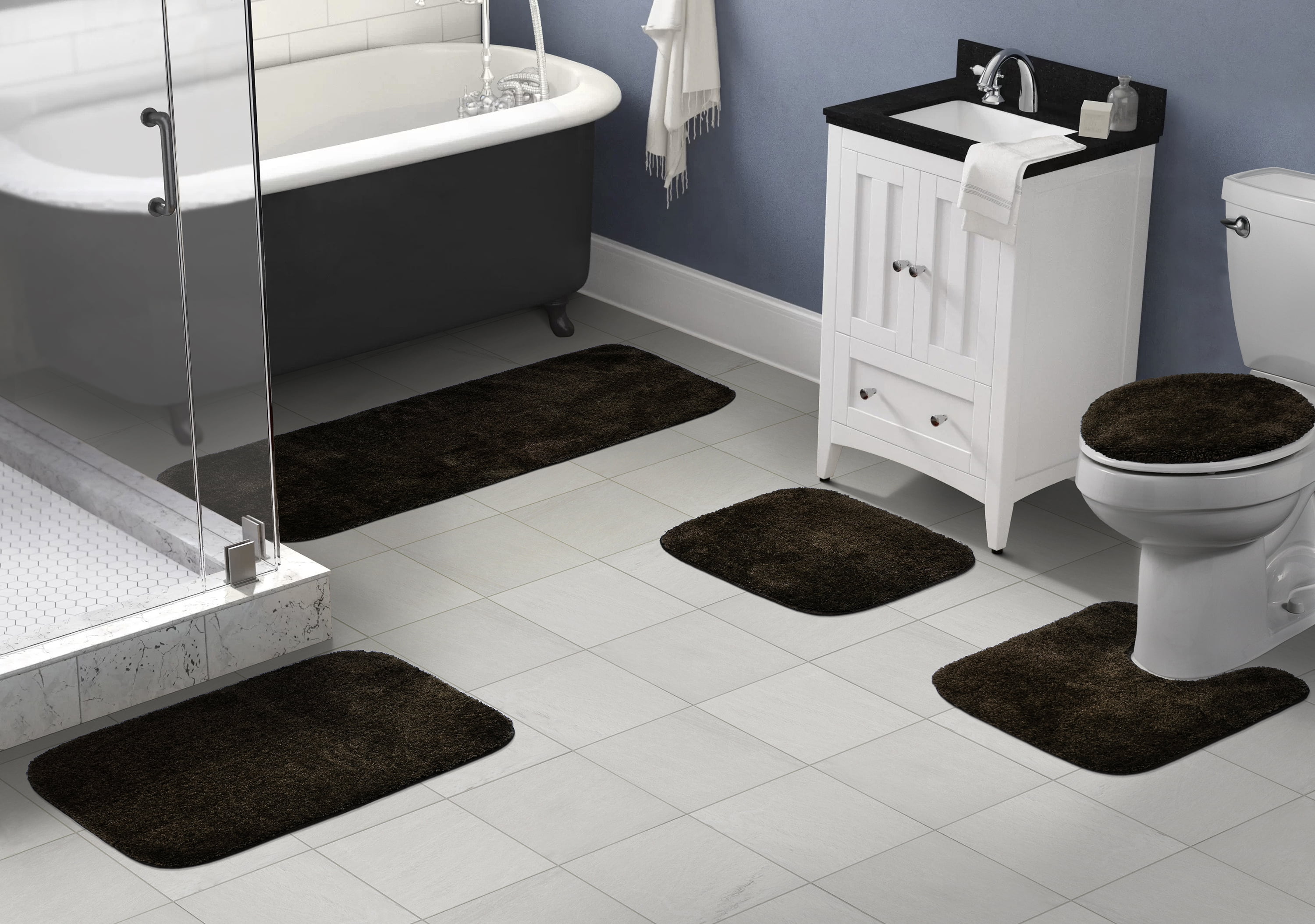 Garland Rug Traditional Washable Bath Rug Set, 5 Piece Set (2 Bath Rugs, Contour, Lid, & Runner) Chocolate
