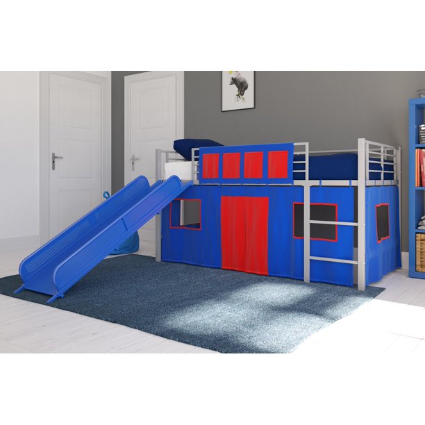 DHP Laurie Junior Twin Metal Loft Bed, Silver with Blue Slide and Blue