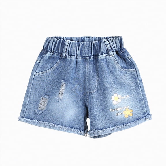 mgoYE 3-8Y Little&Big Girls Summer Denim Shorts Elastic Waistband Flower Ripped Jeans(Yellow,5-6 Years)