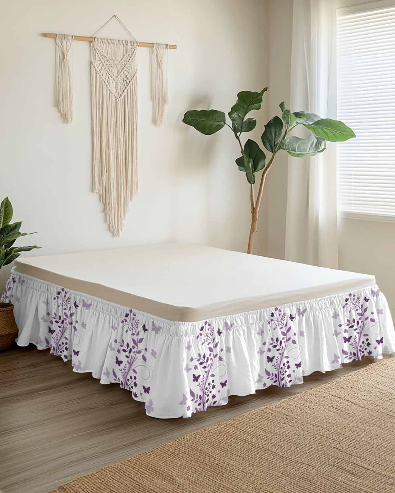 Purple WildFlower Bed Skirt King Size 16 Inch Drop, Spring Country Purple Floral Plant Butterfly Adjustable Elastic Dust Ruffles Bedskirt for King Bed Wrap Around Pleated Mattress Frame Cover