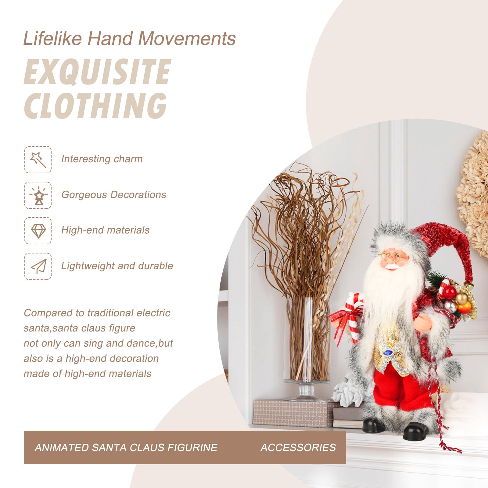 14-Inch Animated Plush Santa Claus with Christmas Music,Musical Christmas Figurine for Tabletop Indoor Holiday Home Decoration