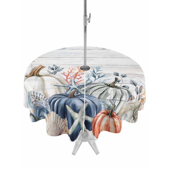 Outdoor Tablecloth with Umbrella Hole and Zipper, Pumpkin Coastal Round Table Cloth 60 Inch Waterproof Tablecloth, Blue Thanksgiving Starfish Shell Fall Picnic Table Cover for Patio Camping