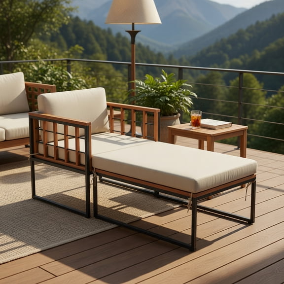 GVN Chaise Lounge Outdoor, Lounge Chair Outdoor, Patio Acacia Wood Armchair with Long Ottoman and Seat Back Cushions