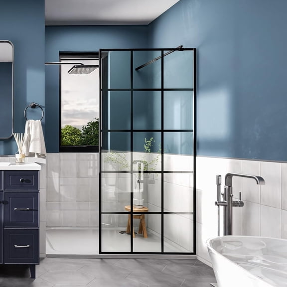 34"W x 72"H Framed Glass Shower Screen, 1/4" 6mm Silk-Printed Tempered Glass, Matte Black