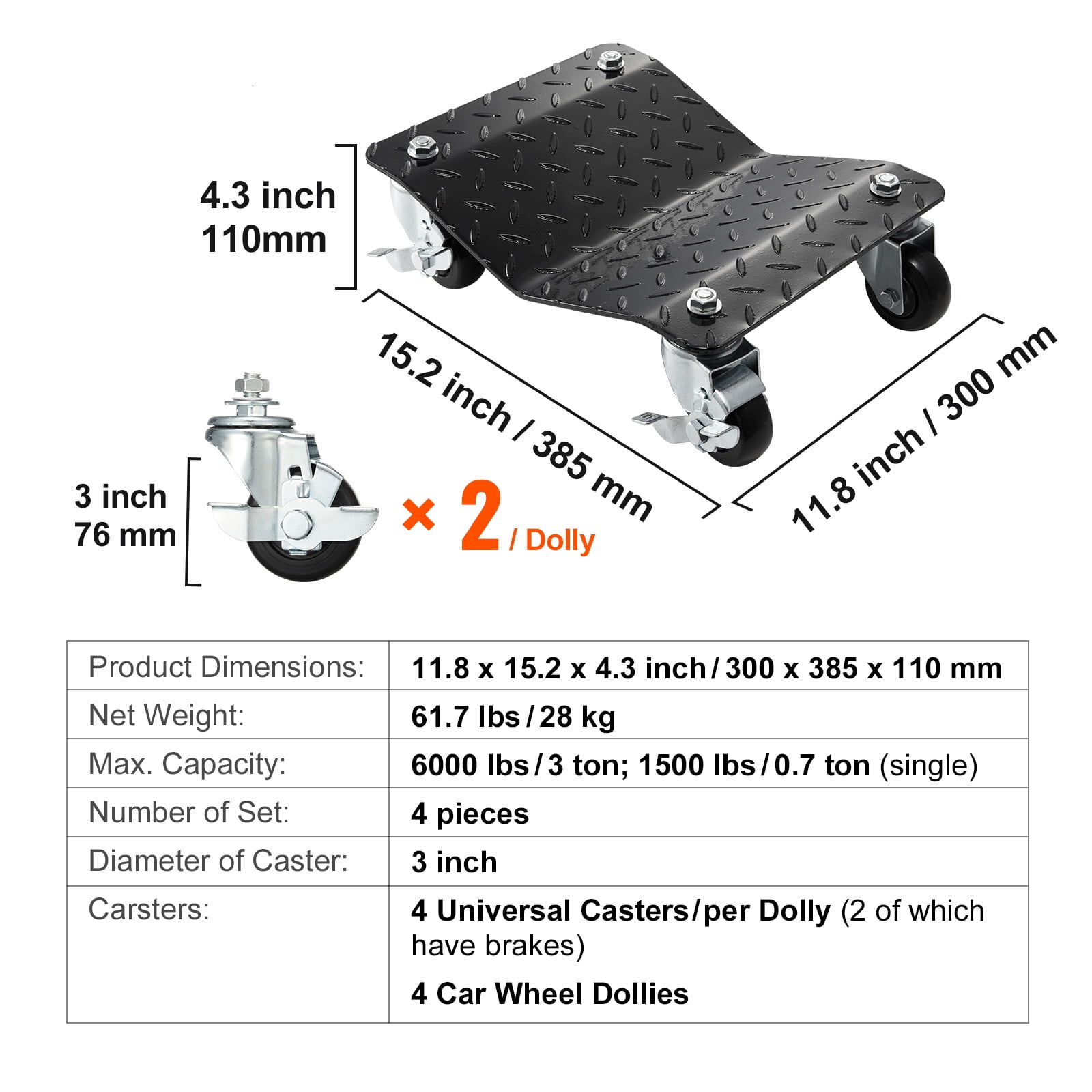 VEVOR Car Dolly Wheel 4 PCS 6000lb Steel Tire Dolly Heavy Duty Skate Auto Repair Dolly Each for 1500lb