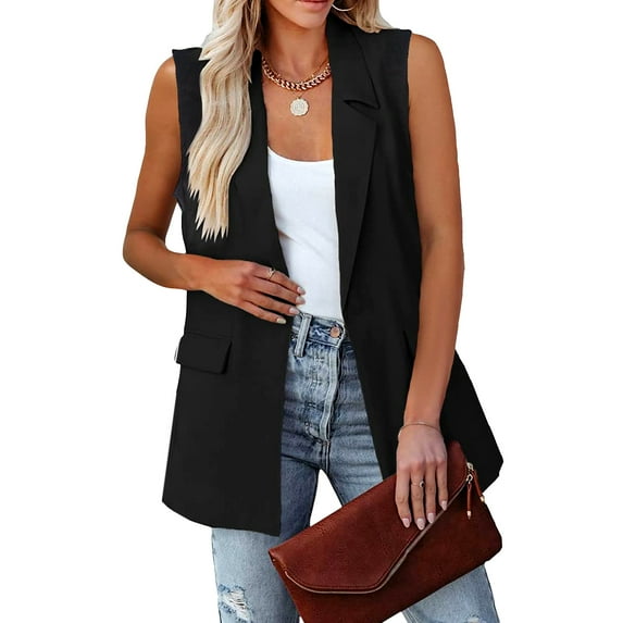 Women Casual Blazers Vest Sleeveless Open Front Work Office Vest Lapel Button Jacket