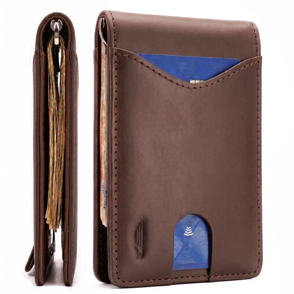 POCKT Men's Slim Genuine Leather RFID Bifold Money Clip Wallet, Texas Brown