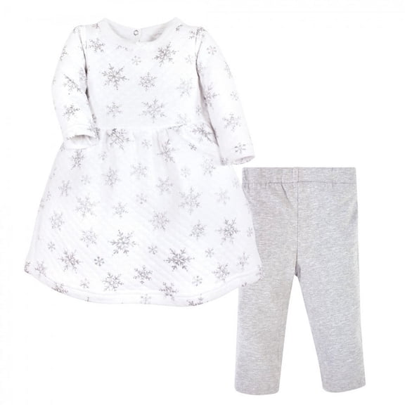 Hudson Baby Infant Girl Quilted Cotton Dress and Leggings, Silver Snowflakes, 0-3 Months