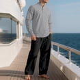 thumbnail image 4 of Ceisia Men's Loose Fit Cotton-Linen Like 2-Piece Set Stand-Up Collar Henley Long Sleeve Shirt with Elastic Waist Wide Leg Pants Gifts, 4 of 7