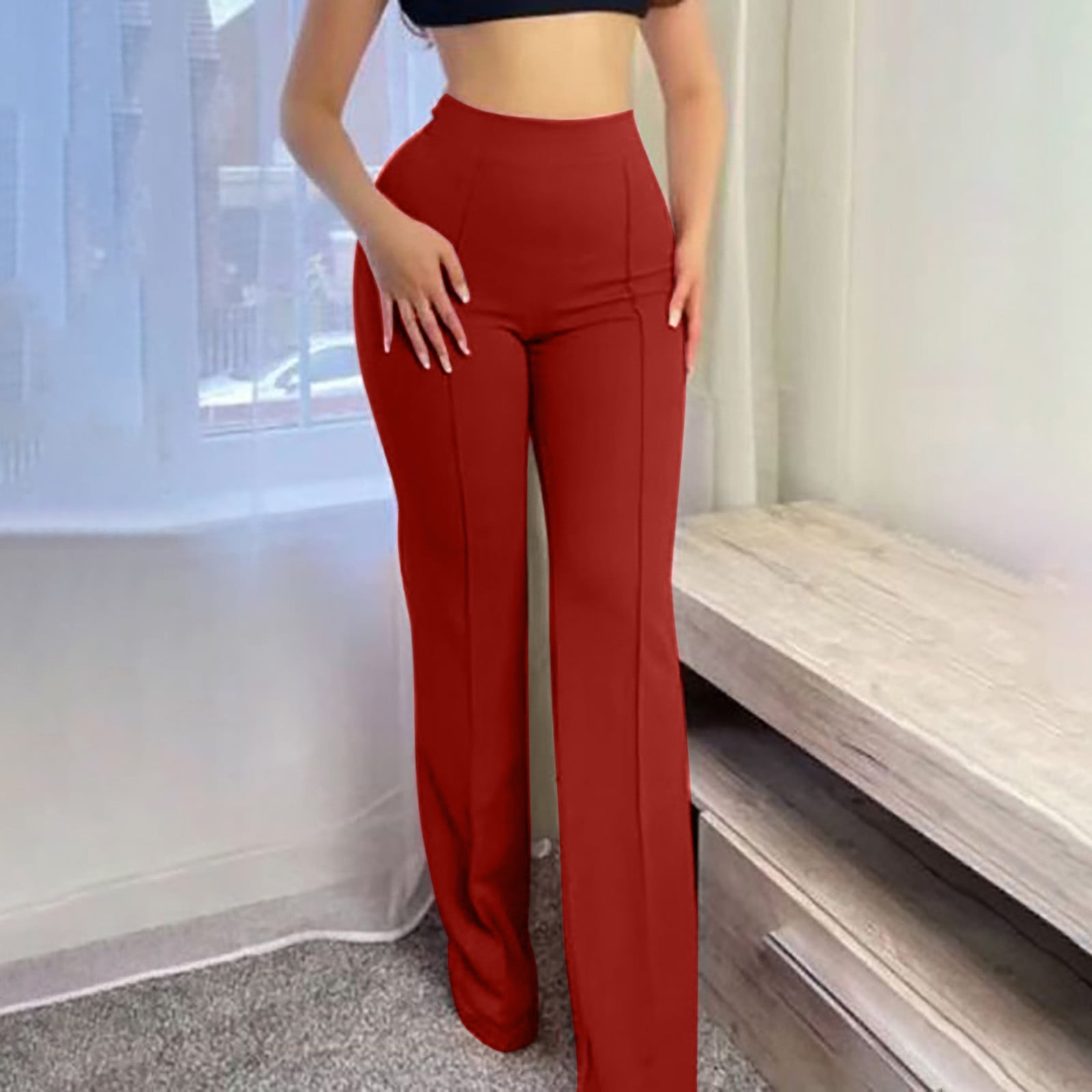 Bowake High Waisted Pants For Women Tight Straight Leg Dress Pants Dressy Casual Workout Yoga Leggings Slim Lounge Trousers Red