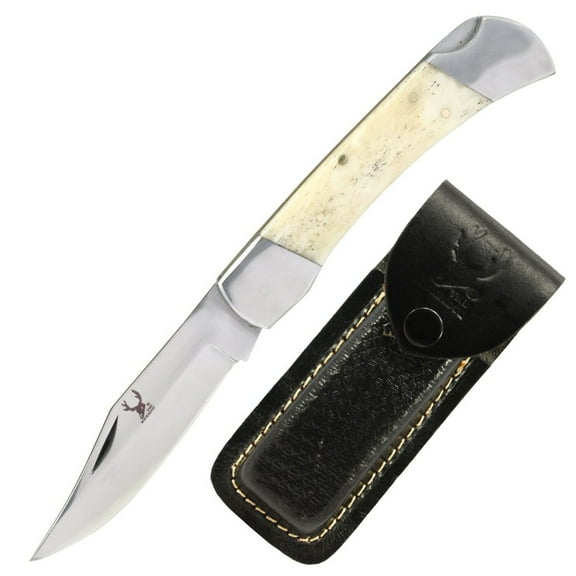TheBoneEdge 9" Folding Knife Stainless Steel Blade Silver Bolster With Leather Sheath