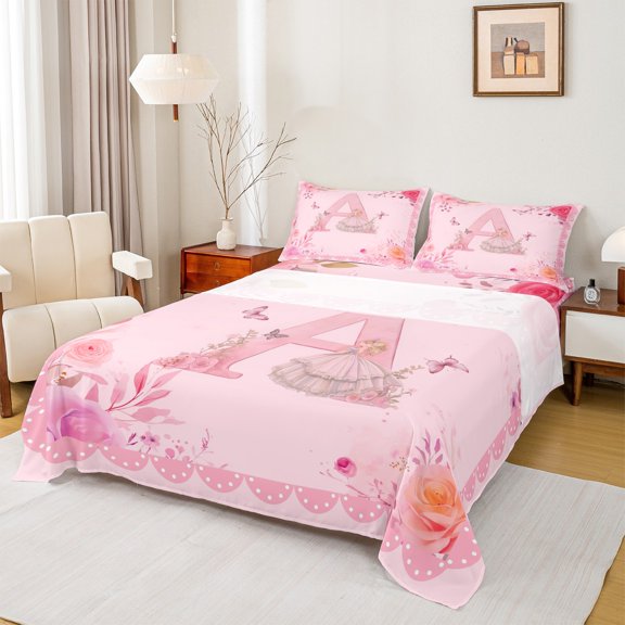 Castle Fairy Monogrammed Letter 3pcs Twin Sheet Sets,Dreamy Princess Twin Fitted Sheet,Flower Butterfly Breathable Flat Sheet,Microfiber Girls Bedroom Decor