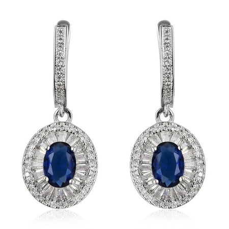 - 925 Sterling Silver Cubic Zircon Blue White Cubic Zirconia CZ Dangle Drop Earrings Cttw 2