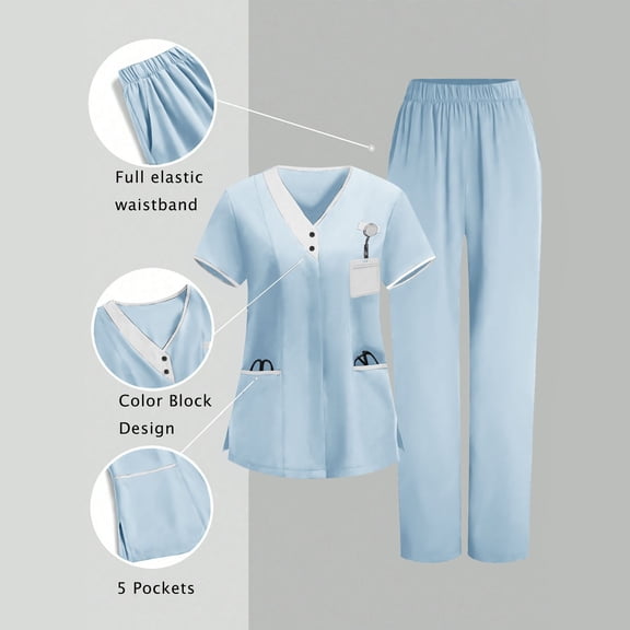 Gamivast Plus Size Womens Scrubs Set Lightweight Elastic Waist Pant V-Neck Short Sleeve Scrubs Set Nurse Scrubs Sets with 3 Pockets Contrast Trim Uniforms