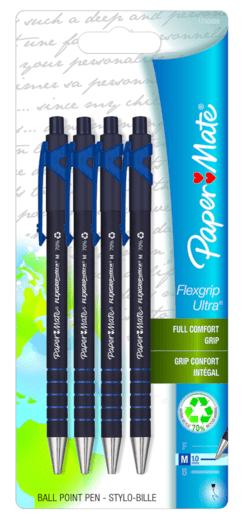 3 x Papermate Flexgrip Retractable Ballpoint pens Black Blue Red 70% recycled 