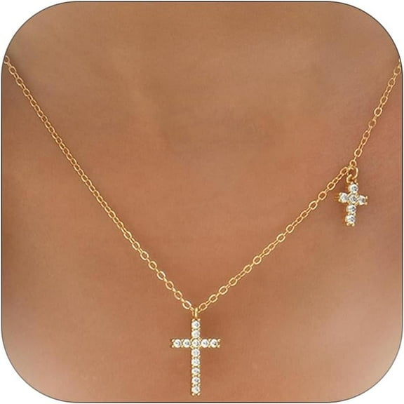 Double Cross Necklace Gold Diamond Cross Necklace for Women Dainty Small Cross Pendant Choker Cubic Zirconia Necklace Trendy Christian Gift