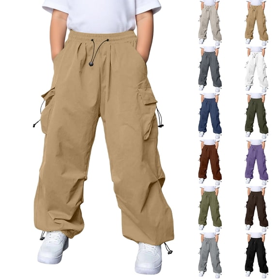 JAJAHO Kids Cargo Pants With Multiple Pockets Boys Girls Elastic Waist Loose Fit Straight Leg Jogger Pants 5-15Y Comfy Trousers