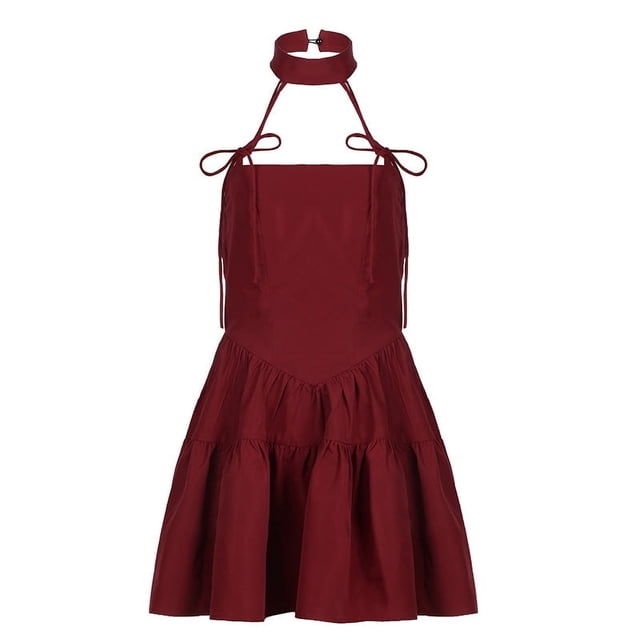 Generic 2025 French Retro Red Bow Bandage Halter Dress Drawstring Slim-Fit A- line Bubble Slip Dress Spring
