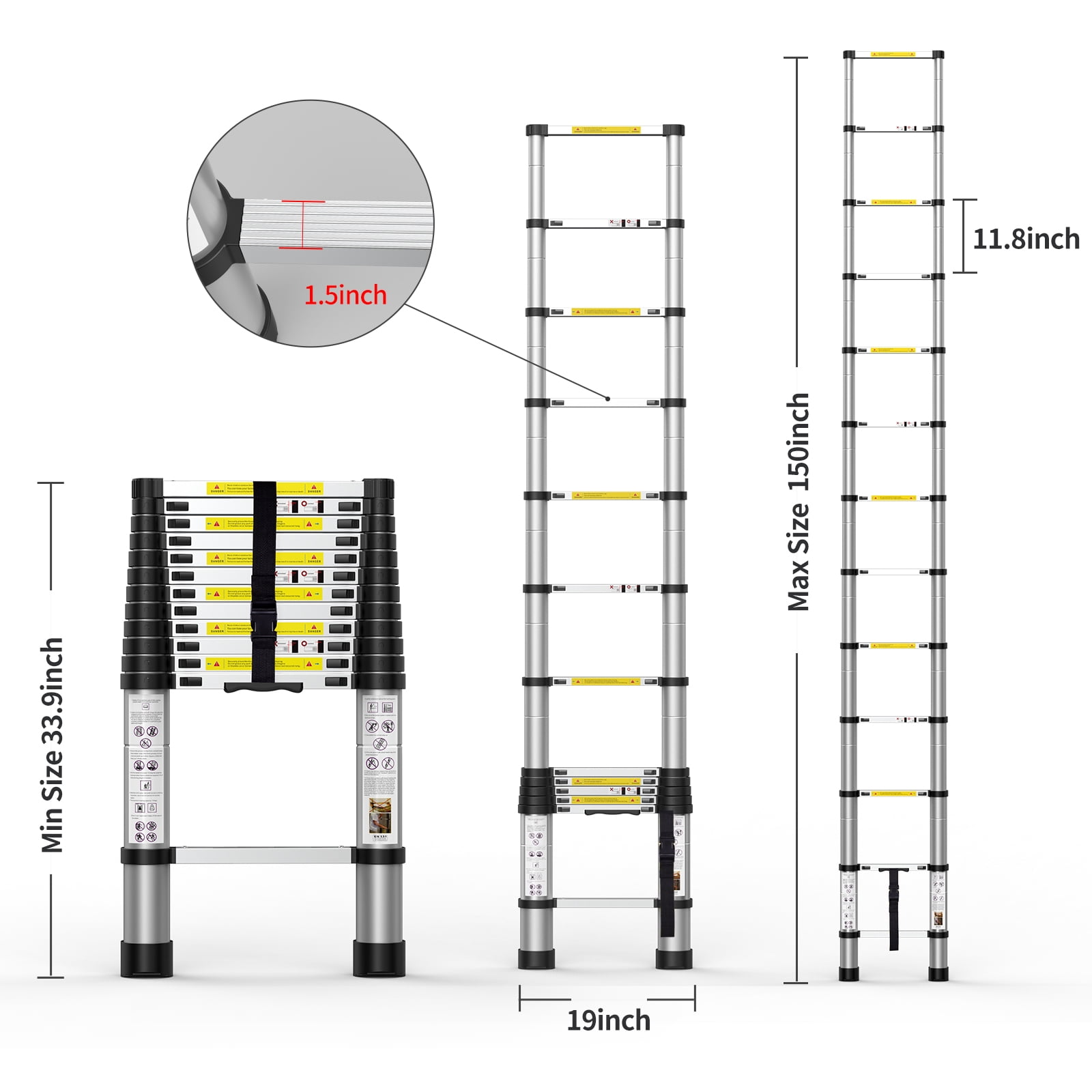 BOWEITI 12.5 FT Telescoping Aluminum Extension Ladder with 2 Triangle Stabilizers, Heavy Duty 330lbs Max Capacity, Multi-Purpose Collapsible Ladder for RV or Outdoor Work