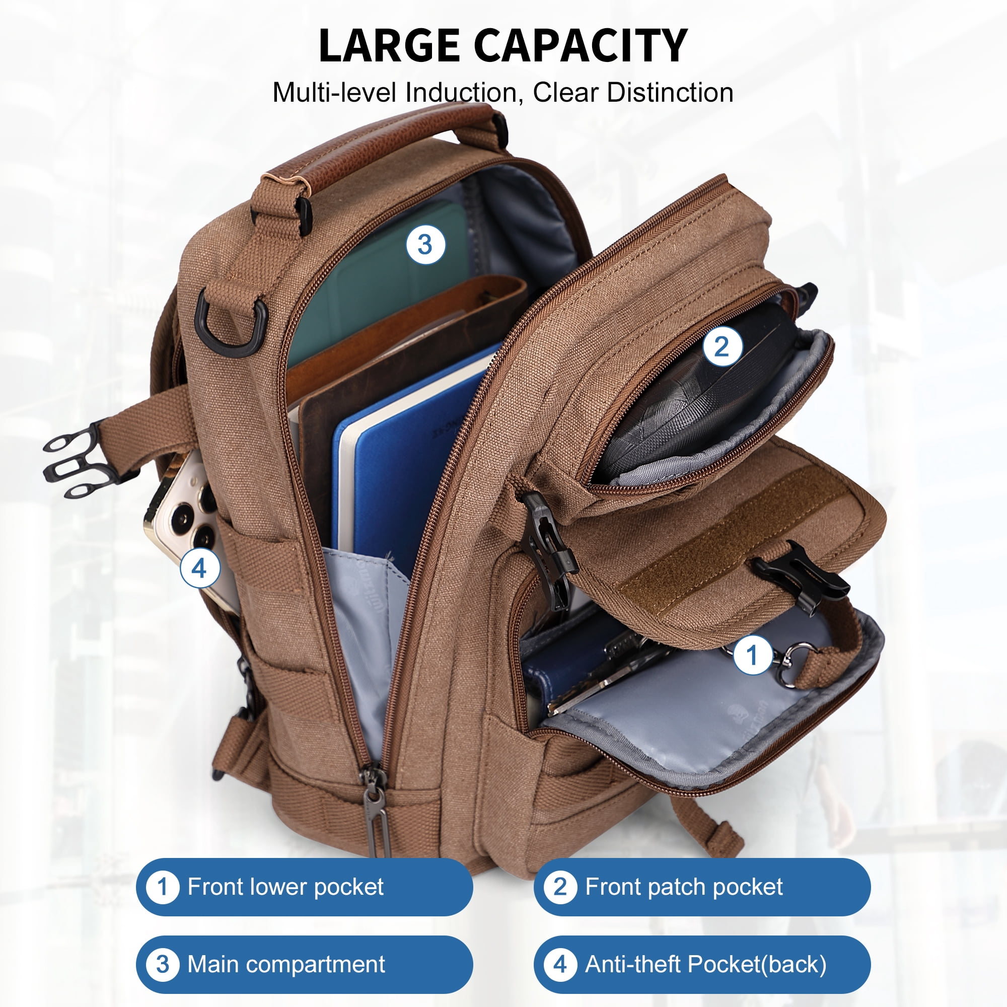 WITZMAN Sling Bag for Men Canvas Casual Chest Bag with USB Charging Port for Travel Daily Work(A8021 Brown)