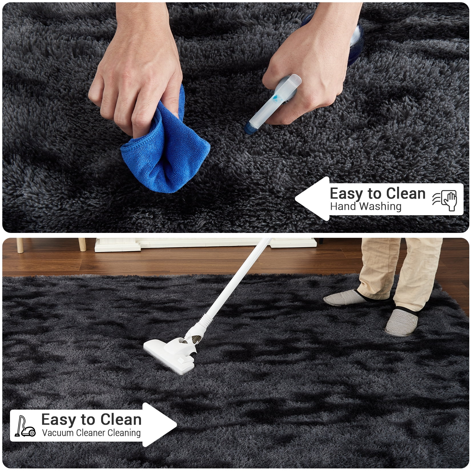 HOMERRY 9 x 12 Fluffy Area Rug for Bedroom, Fuzzy Shag Area Rug for Living Room Non-Skid Plush Large Rug Shaggy Decorative Accent Rug for Indoor Home Floor Carpet, Tie-dye Gray/Black