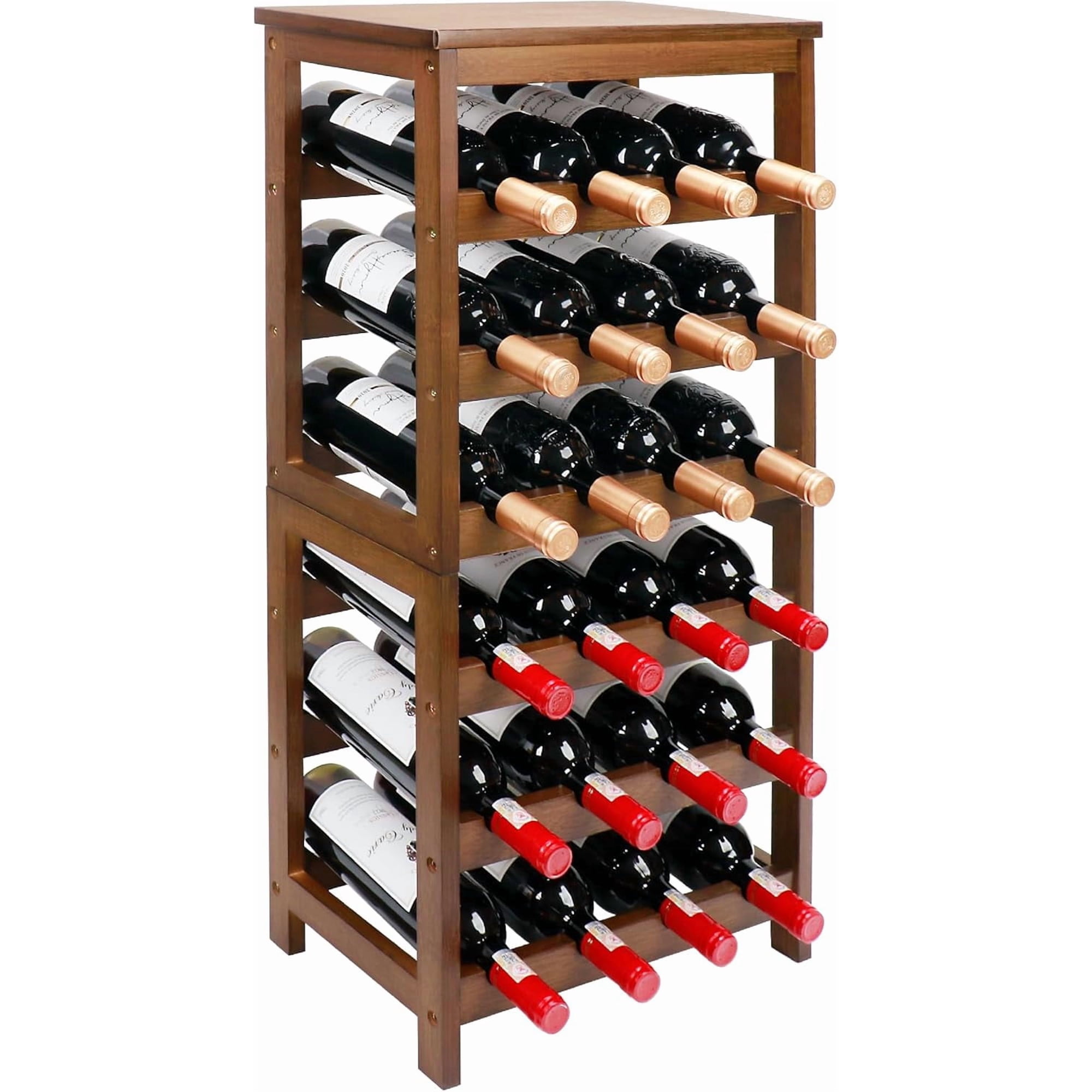 Wine Rack Freestanding Floor 6-Tier Display Wine Storage Shelf | Holds 24 Bottles Sturdy Wine Bottle Holder with Table Top Bamboo Wine Racks for Kitchen Dining Room Bar Easy-Assembly Walnut