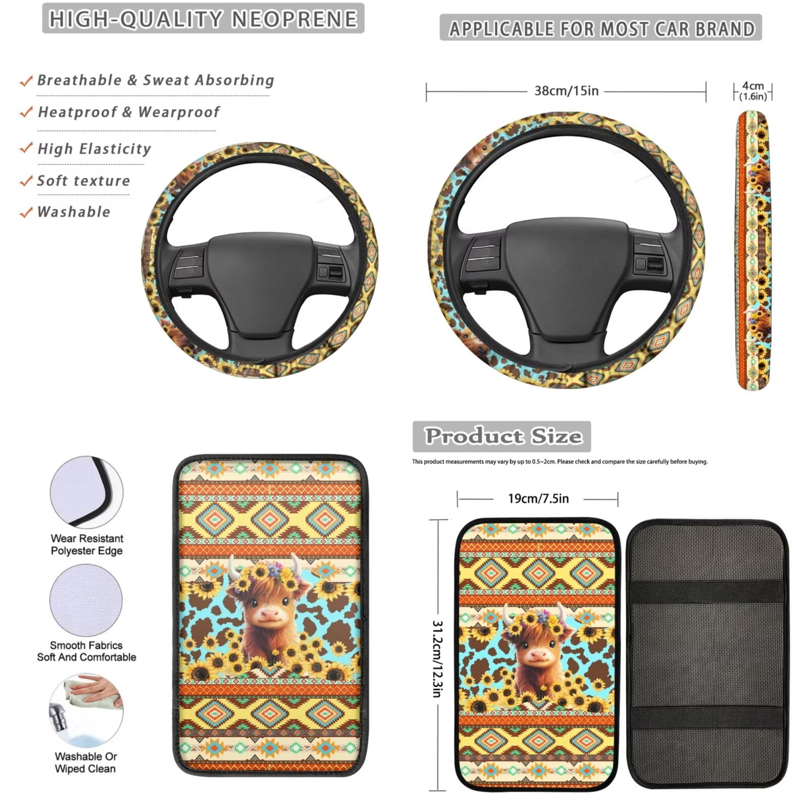 Garronmavis 13 Pieces Seat Cover Set Includes Seat Belt Cover Steering Wheel Cover Car Armrest Pad Coaster Keychain Lipstick Cover Car Cover for Women Aztec Highland Cows