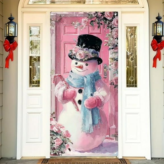 Christmas Decorations Door Cover 71x35 Inch Watercolor Snowman Pink Door Door Covers Party Banner for Front Door Porch Decor Photography Backdrop Home Kitchen Seasonal Entryway Decor