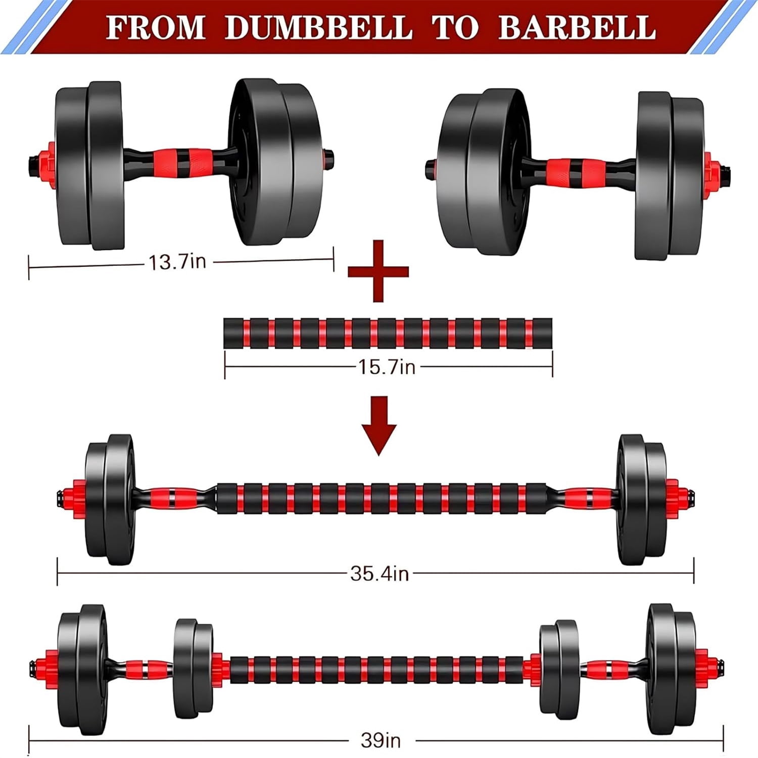 Adjustable Dumbbell Set of 2, Convertible to Barbell, 20 lbs (10 lbs Each), Red