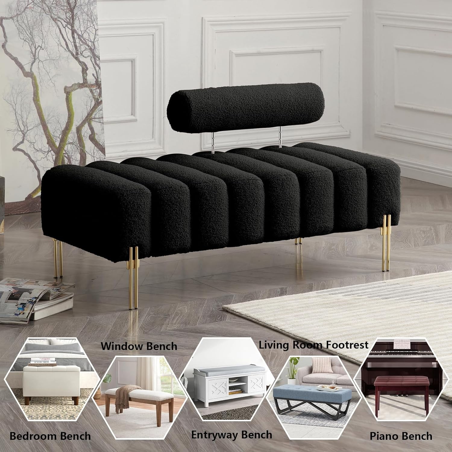 Miniyam Sherpa Bedroom Bench with Adjustable Backrest and Gold Metal Legs, Black